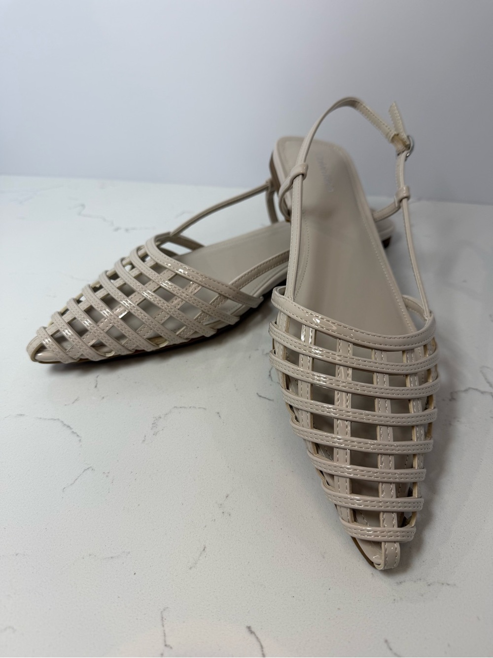 Calvin Klein Ivory Patent Woven Pointed Slingback Flats - Picture 2 of 4